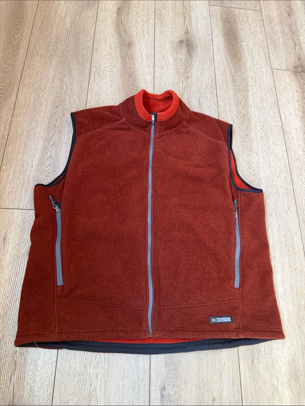 REI Men's Rust Red Fleece Vest with Gray Accents